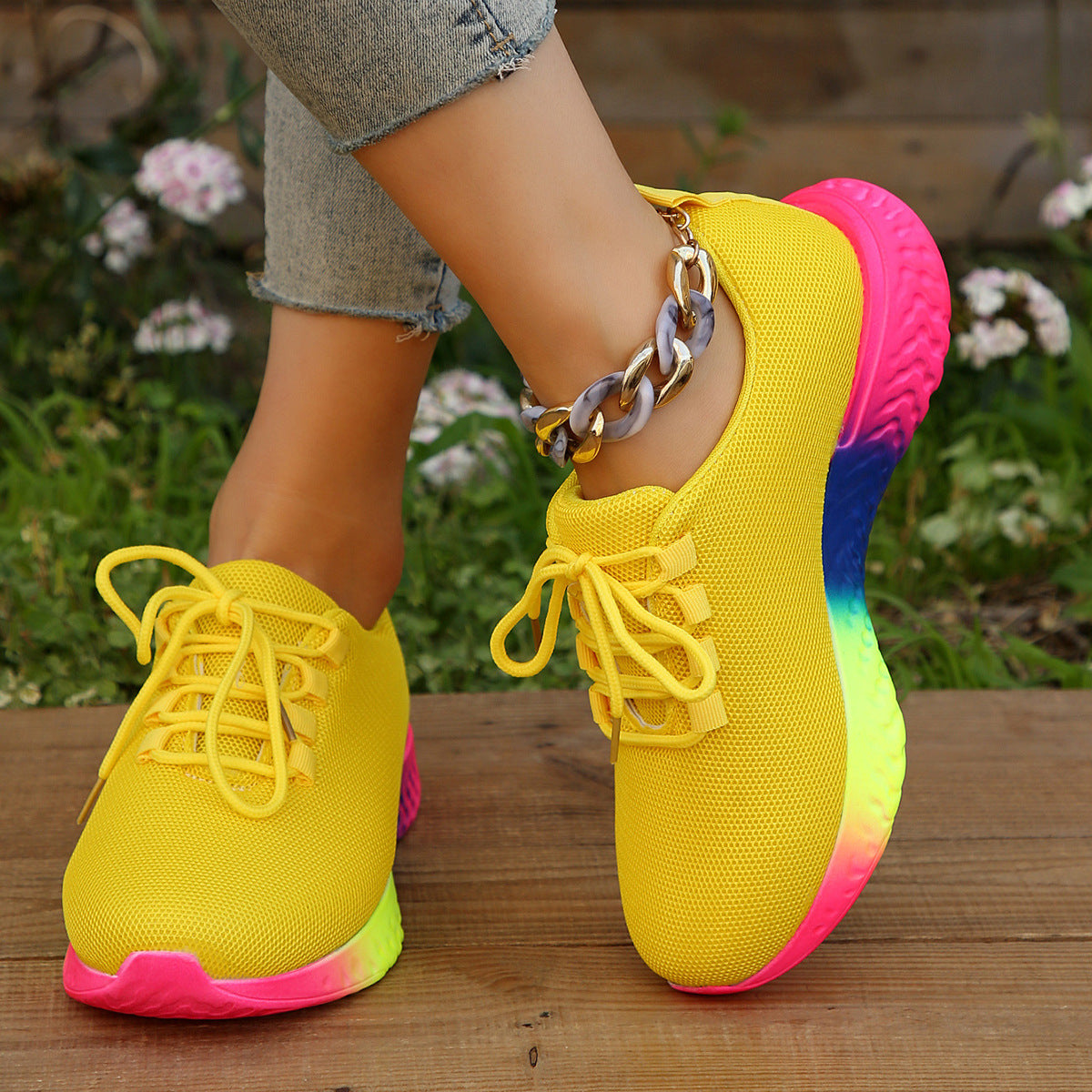 Lace-up Mesh Shoes With Rainbow Sole