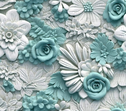 3D Teal and White Flowers