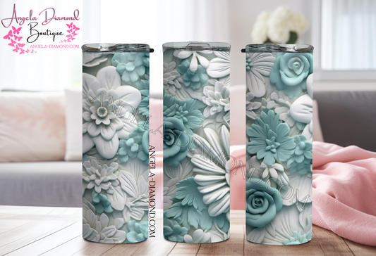 3D Teal and White Flowers