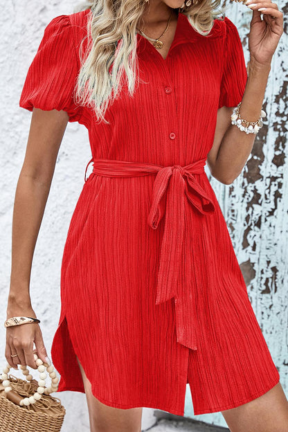 Textured Tie Belt Short Sleeve Dress