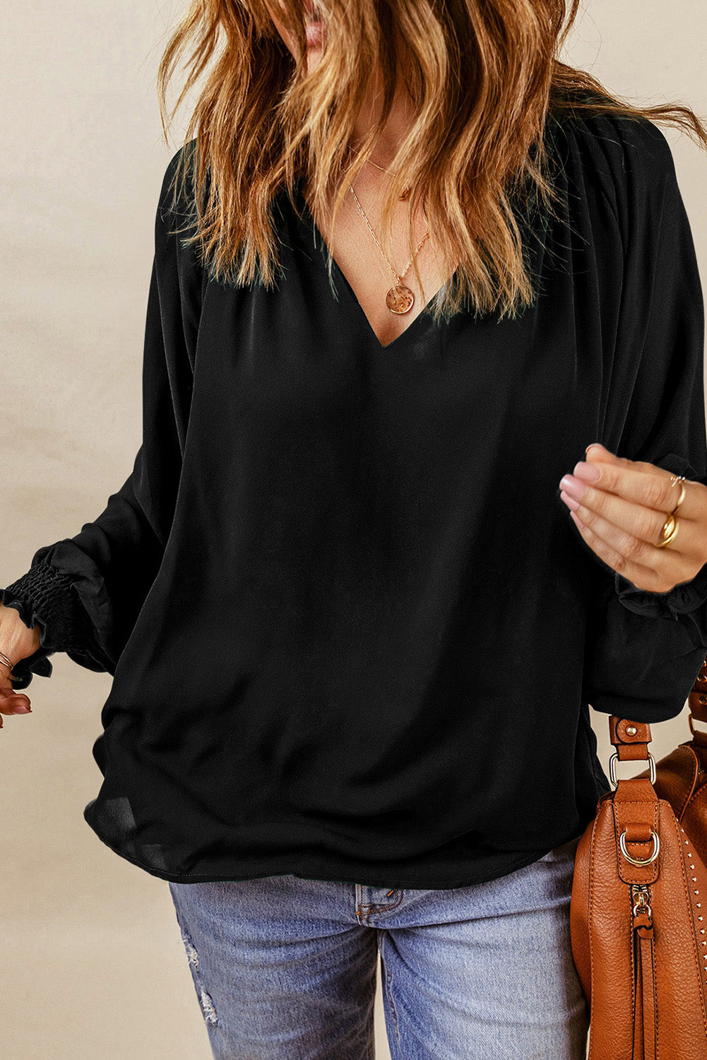 Notched Neck Lantern Sleeve Blouse