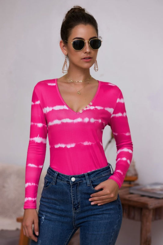 Tie-Dye Plunge Long Sleeve Top